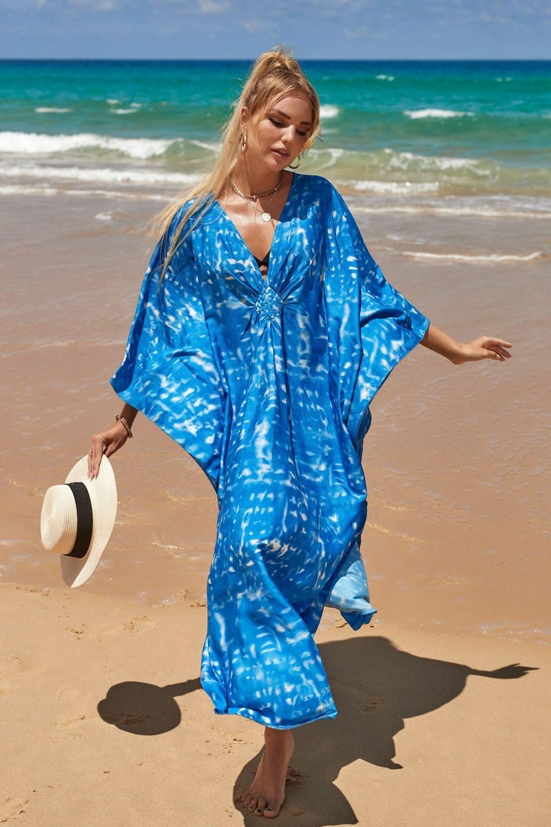 IMAGEKOPE Women's Plus Size Animal Print V-Neck Batwing Kaftan Beach Dress Bathing Suit Cover-Up Loungewear - Image 2