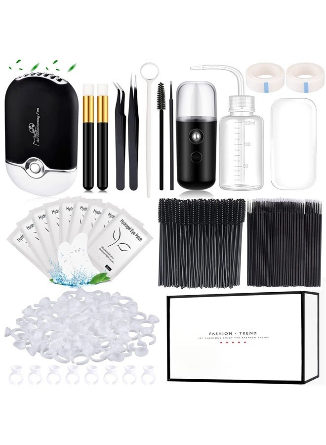 QUKLOGEN Eyelash Extension Supplies USB Air Conditioning Blower Facial Mister Lash Tweezers Mirror Mascara Brush Lash Shampoo Brush Bottle Silicone Pad Glue Rings Under Eye Gel Pads Micro Applicators Tapes - Image 1