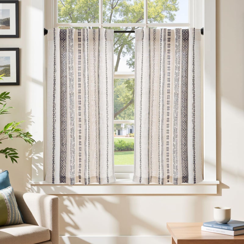 jinchan Boho Kitchen Curtains 36 Inch Linen Tier Curtains with Geometric Pattern Bohemian Cafe Small Light Filtering Window Treatment for Living Room RV Back Tab 2 Panels 2 Panels Black on Linen - Image 2