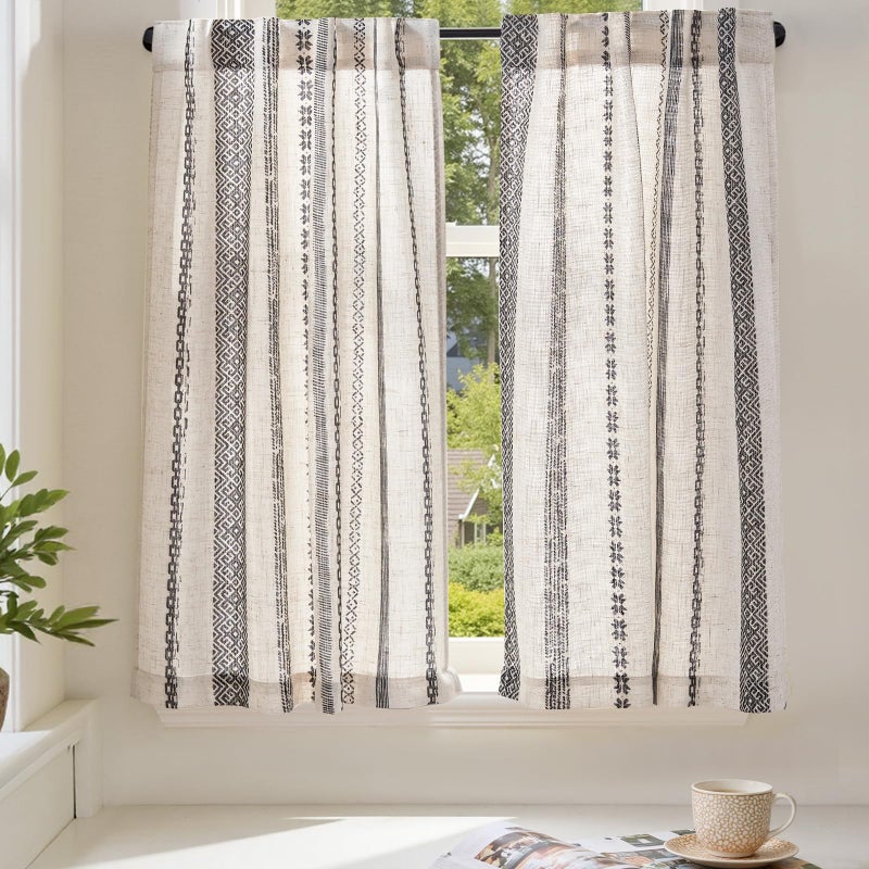 jinchan Boho Kitchen Curtains 36 Inch Linen Tier Curtains with Geometric Pattern Bohemian Cafe Small Light Filtering Window Treatment for Living Room RV Back Tab 2 Panels 2 Panels Black on Linen - Image 4