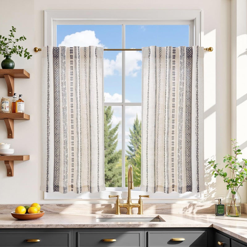 jinchan Boho Kitchen Curtains 36 Inch Linen Tier Curtains with Geometric Pattern Bohemian Cafe Small Light Filtering Window Treatment for Living Room RV Back Tab 2 Panels 2 Panels Black on Linen - Image 1