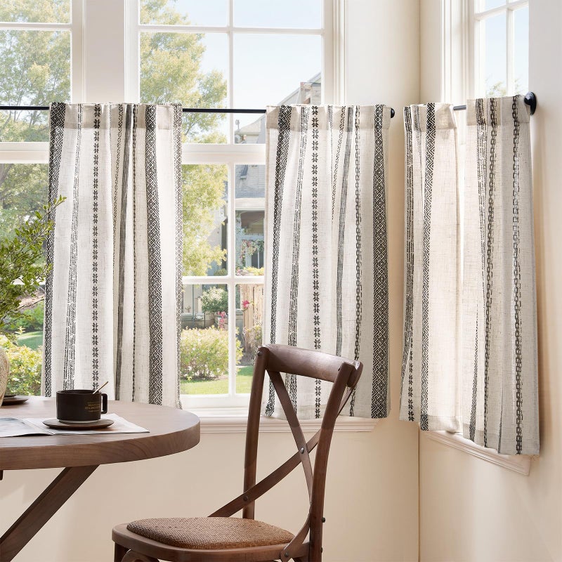 jinchan Boho Kitchen Curtains 36 Inch Linen Tier Curtains with Geometric Pattern Bohemian Cafe Small Light Filtering Window Treatment for Living Room RV Back Tab 2 Panels 2 Panels Black on Linen - Image 3