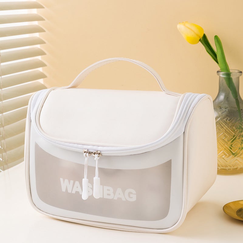 PU Waterproof Cosmetic Bag Travel Portable Portable Storage Bag PVC Transparent Toiletry Bag Flip Hook Toiletry Bag Women White with hook-cosmetic bag