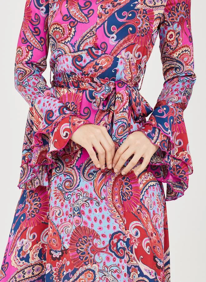 Styli Bohemian Print Flute Sleeves A-Line Maxi Dress