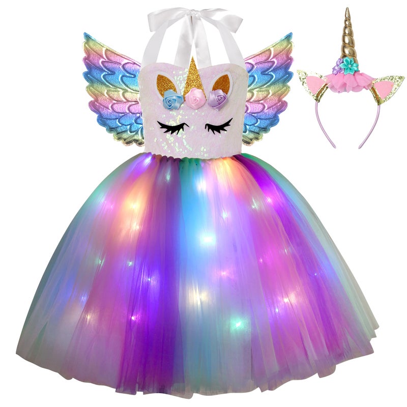 Davsolly Unicorn Costume for Girls Led Light Up Unicorn Princess Tutu Outfit for Halloween Dress Up Birthday Christmas Gifts - Image 1
