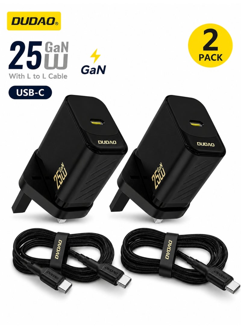 دوداو شاحنان PD بقدرة 25 واط مع كابلين USB-C، شاحن GaN سريع، شاحن حائط USB-C للشحن السريع مع محول طاقة، متوافق مع iPhone 16/16 Pro/16 Pro Max/15/14/13/12 وiPad Pro وAirPods وSamsung S25/S24 - Image 1
