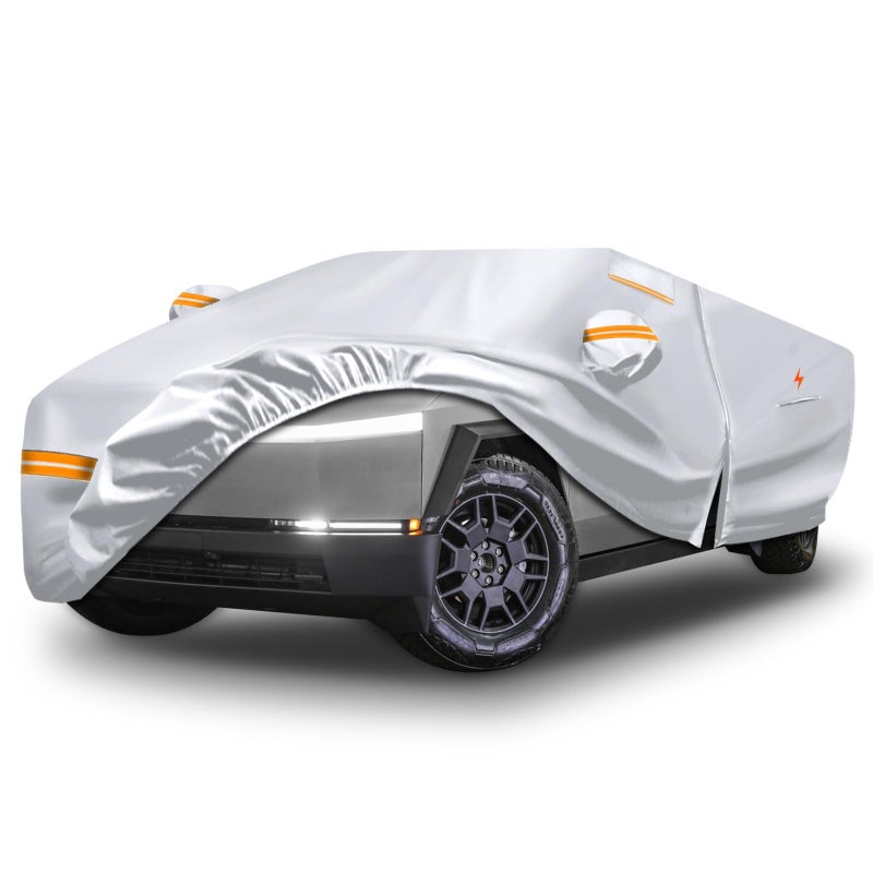 SPORTULI Waterproof Car Cover Replace for Tesla Cybertruck 6 Layers Silver All Weather Full Car Covers with Zipper Door Windproof Bands for Snow Rain Dust Protection