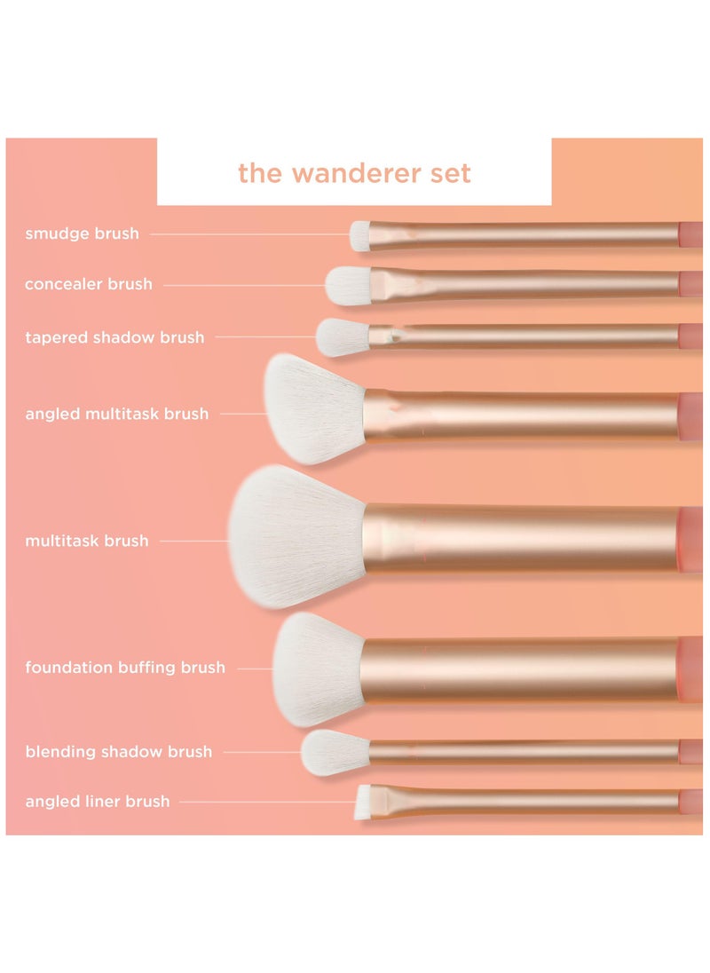 The Wanderer Make up Brush Kit, Premium and Professional 8 Midi-size Brush Set with Bag, Soft Bristles, Foundations, Powders, and Concealers, For Foundations, Powders, and Concealers, Gold