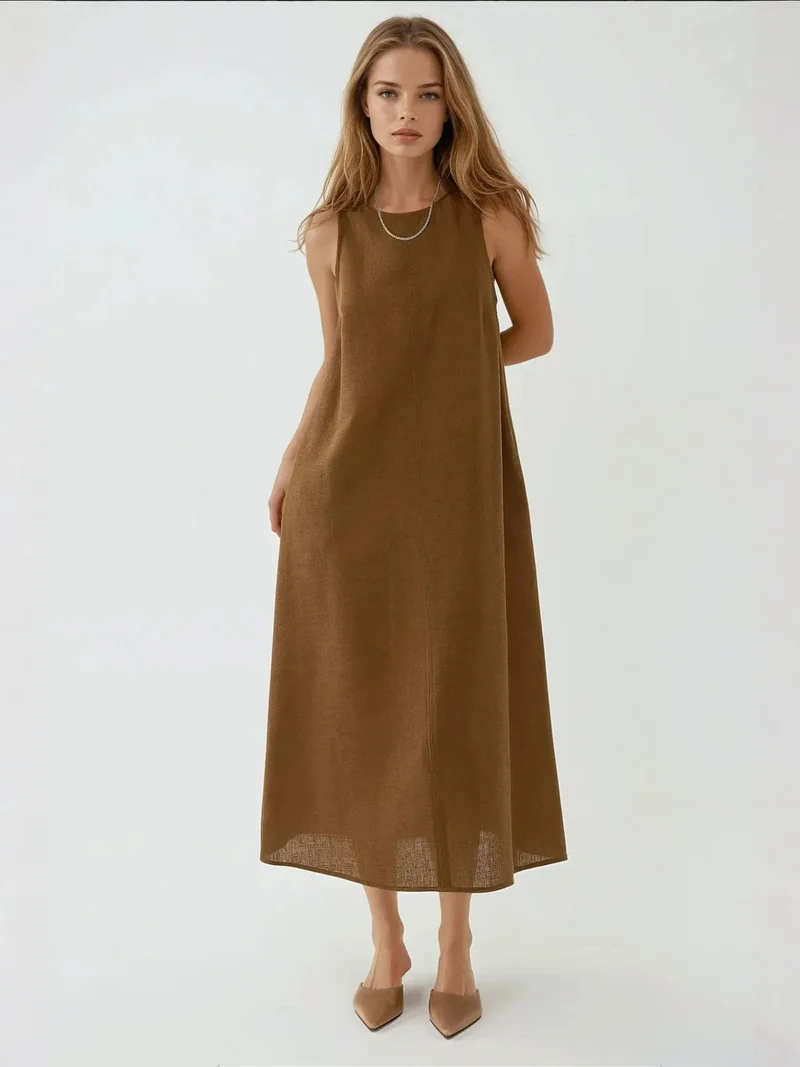 HICCUP Linen Feel Sleeveless Crew Neck Midi Dress
