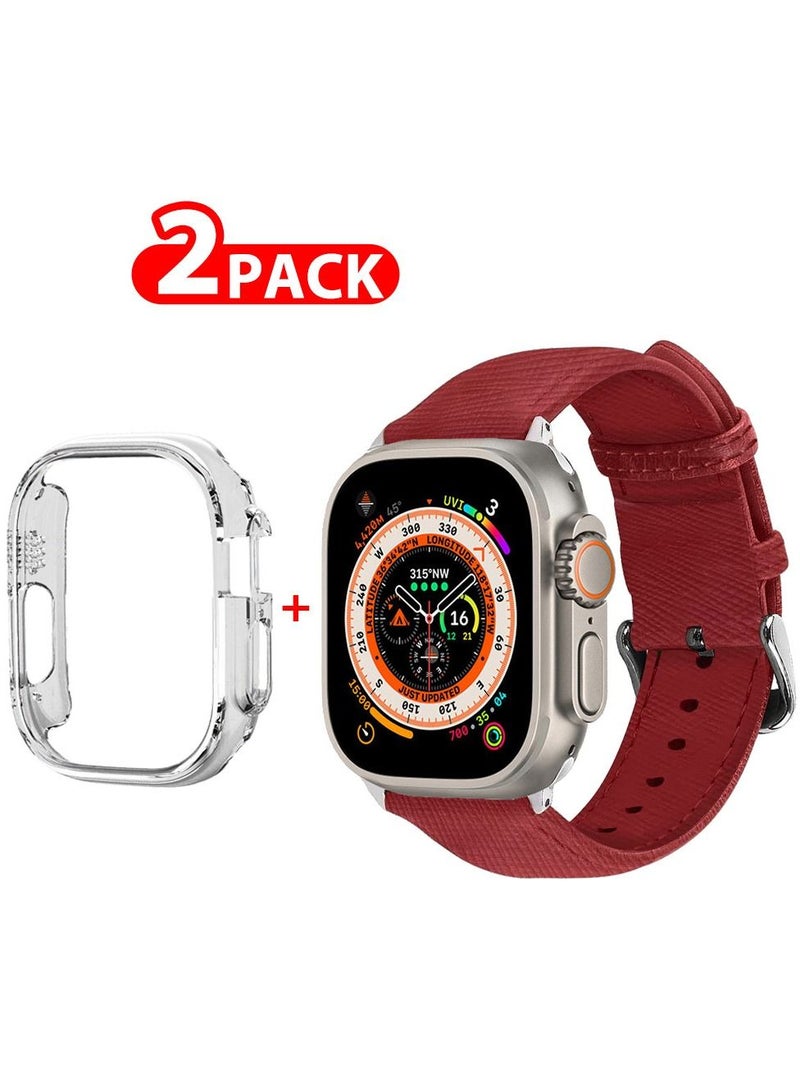 CATANES 2 Packs For Apple Watch Band 49mm Leather Band Buckle Strap Wristband and Clear Case Holder Red - Image 1