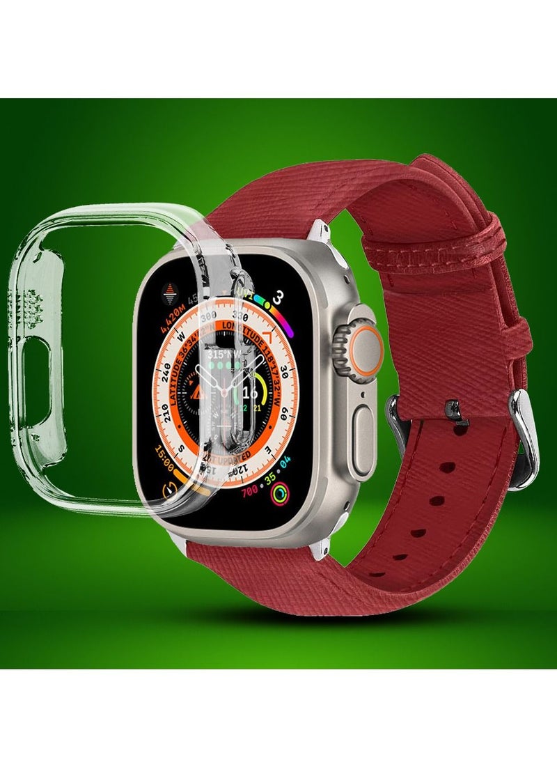 CATANES 2 Packs For Apple Watch Band 49mm Leather Band Buckle Strap Wristband and Clear Case Holder Red - Image 2