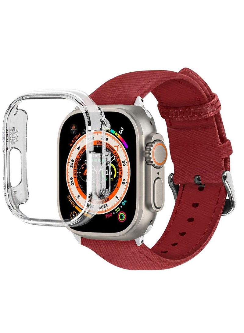 CATANES 2 Packs For Apple Watch Band 49mm Leather Band Buckle Strap Wristband and Clear Case Holder Red - Image 3