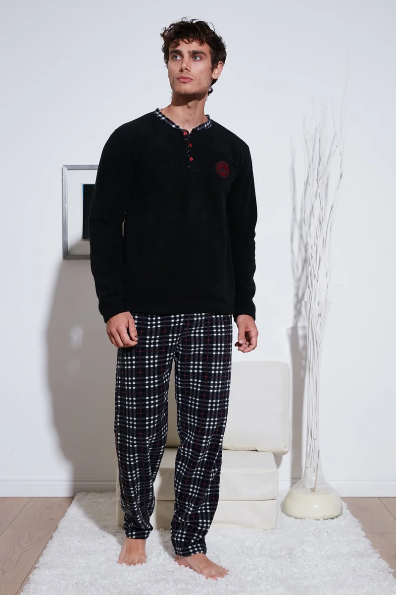 Regular Fit Crew Neck Winter Soft Textured Fleece Pajama Set Men's Pajama Set 6096100