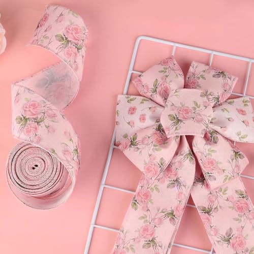 PATPAT® 4 Rolls Each Roll 2.5 Inch x 5 Yard Pink Flower Satin Ribbons for Gift Wrapping, Wired-Edge Ribbon Roll for Crafts, Party Decorations, Bows, Floral Arrangements, Invitation Card, Project Work - Image 5