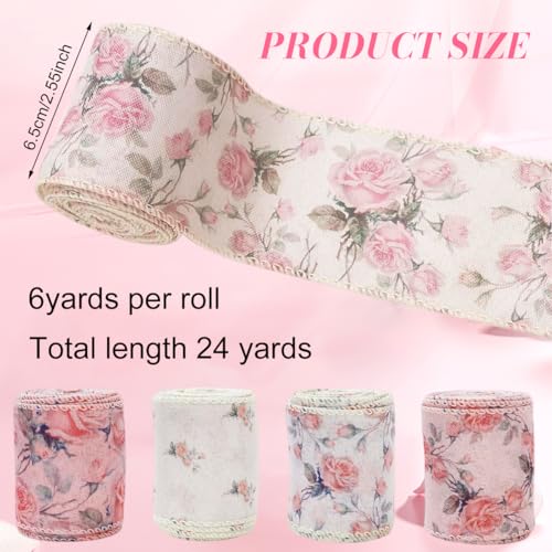 PATPAT® 4 Rolls Each Roll 2.5 Inch x 5 Yard Pink Flower Satin Ribbons for Gift Wrapping, Wired-Edge Ribbon Roll for Crafts, Party Decorations, Bows, Floral Arrangements, Invitation Card, Project Work - Image 2