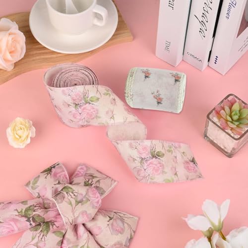 PATPAT® 4 Rolls Each Roll 2.5 Inch x 5 Yard Pink Flower Satin Ribbons for Gift Wrapping, Wired-Edge Ribbon Roll for Crafts, Party Decorations, Bows, Floral Arrangements, Invitation Card, Project Work - Image 4