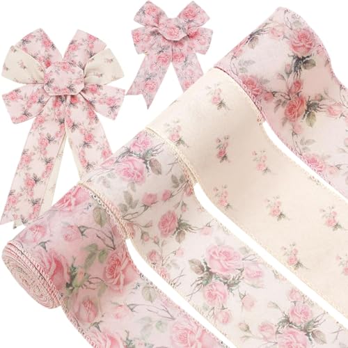 PATPAT® 4 Rolls Each Roll 2.5 Inch x 5 Yard Pink Flower Satin Ribbons for Gift Wrapping, Wired-Edge Ribbon Roll for Crafts, Party Decorations, Bows, Floral Arrangements, Invitation Card, Project Work - Image 1