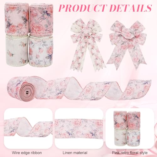 PATPAT® 4 Rolls Each Roll 2.5 Inch x 5 Yard Pink Flower Satin Ribbons for Gift Wrapping, Wired-Edge Ribbon Roll for Crafts, Party Decorations, Bows, Floral Arrangements, Invitation Card, Project Work - Image 3