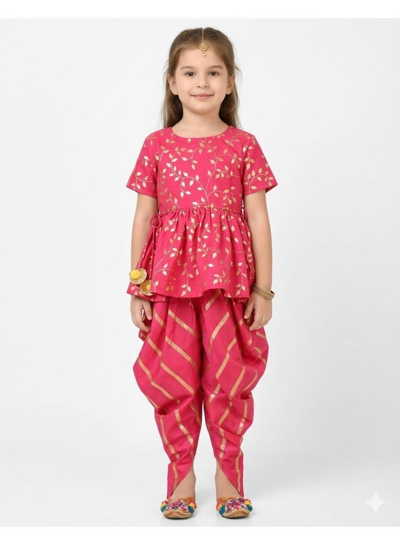 Saka Designs كُرتي مزخرف بالألوان الفوشيا مع بنطلونات دهوتي للفتيات - Image 1