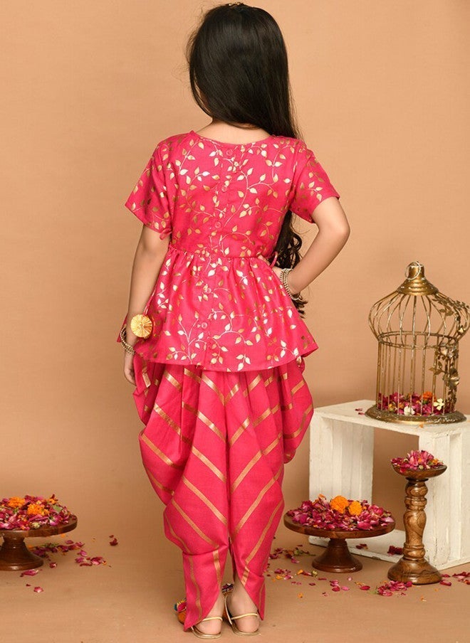 Saka Designs كُرتي مزخرف بالألوان الفوشيا مع بنطلونات دهوتي للفتيات - Image 4