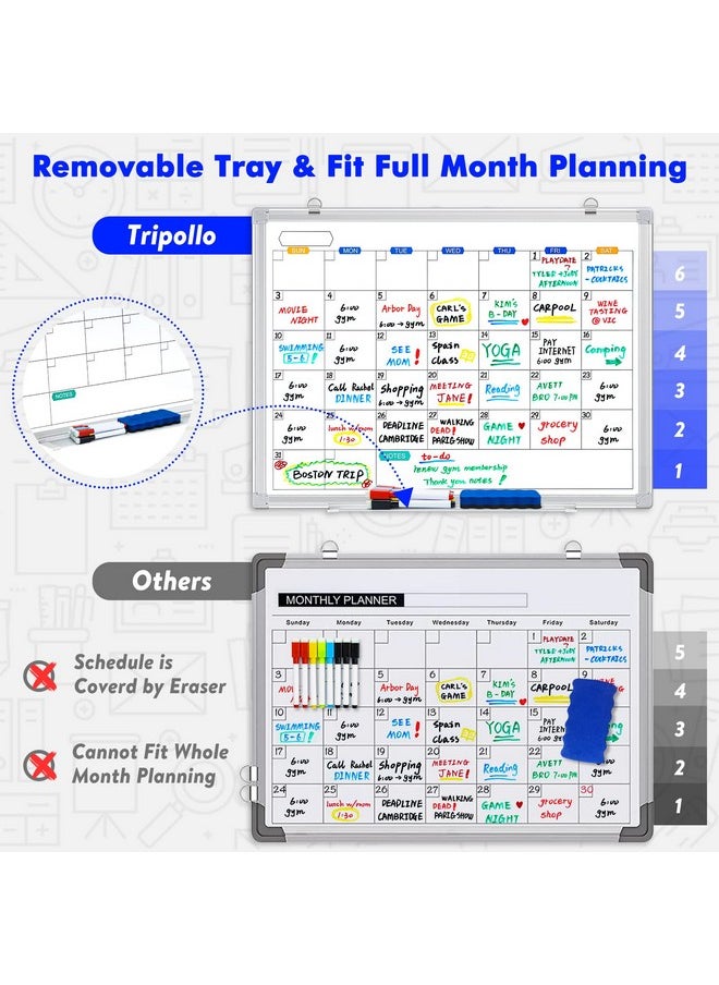 Tripollo - Dry Erase Calendar Whiteboard For Wall, 36" X 24" Magnetic Monthly Whiteboard Calendar Dry Erase, Wall Hanging Aluminum Frame Calendar Board With Tray For Home, School, Office (Silver Frame) - Image 1