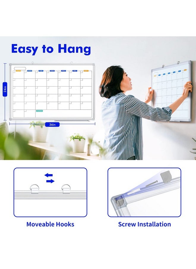 Tripollo - Dry Erase Calendar Whiteboard For Wall, 36" X 24" Magnetic Monthly Whiteboard Calendar Dry Erase, Wall Hanging Aluminum Frame Calendar Board With Tray For Home, School, Office (Silver Frame) - Image 1