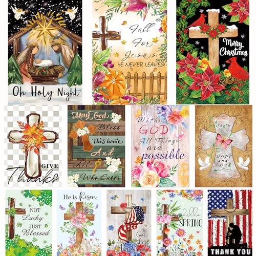 CDLong Christian Seasonal Garden Flags Set of 12 Double Sided 12 x 18 Inch Cross Yard Flags, Small Flags for Outside, Fall Winter Easter Christmas Outdoor Flags, Holiday Garden Flags for All Seasons ﻿ - Image 1