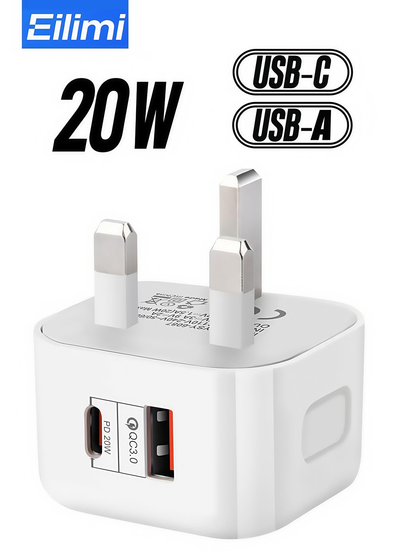 20W Type C Fast Charger, Mini USB C Wall Charger Block with QC3.0 USB A Port, White UK Plug Universal Phone Charger for iPhone 16/15/14/13/12, Samsung S25/S24, Huawei, iPad, AirPods & More