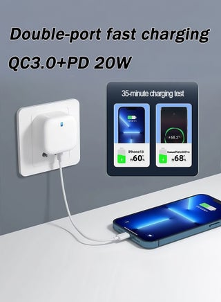 20W Type C Fast Charger, Mini USB C Wall Charger Block with QC3.0 USB A Port, White UK Plug Universal Phone Charger for iPhone 16/15/14/13/12, Samsung S25/S24, Huawei, iPad, AirPods & More - view 2