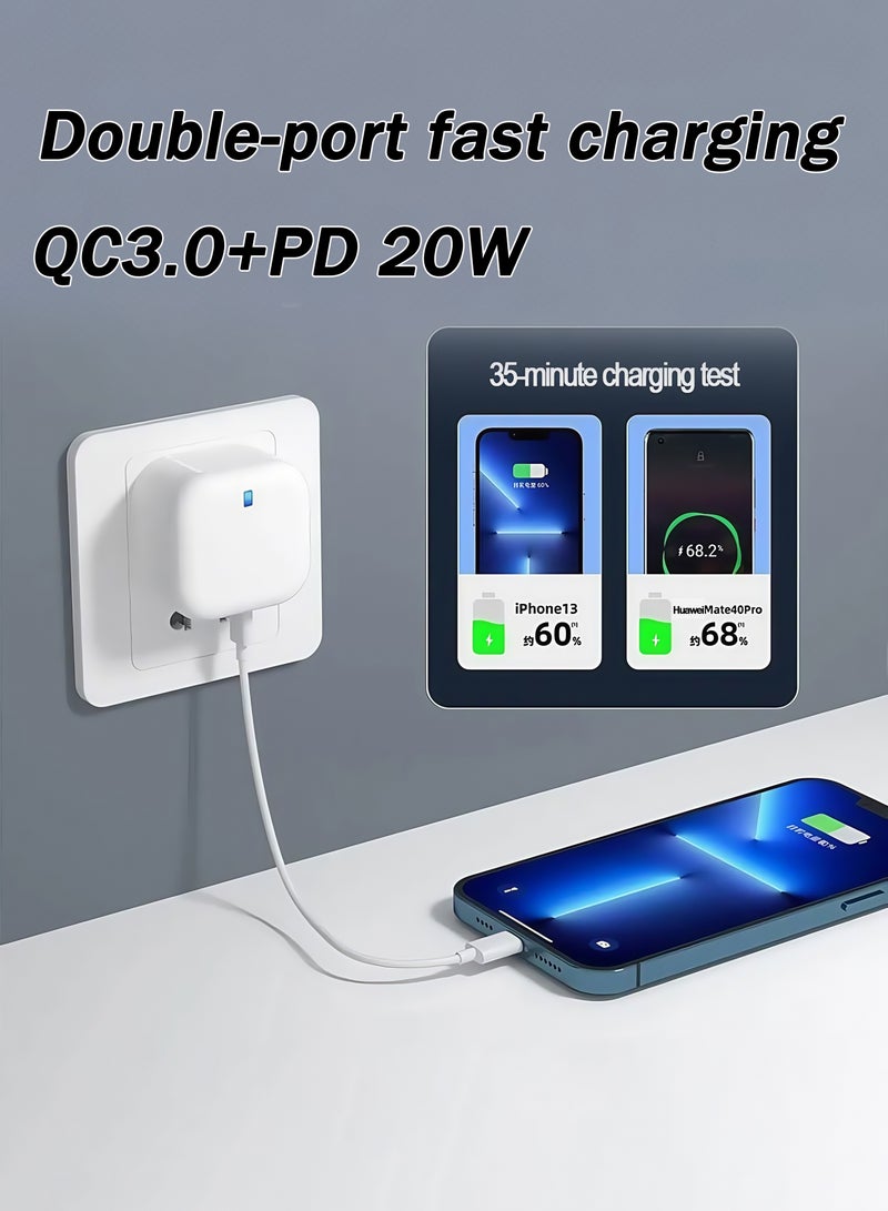 اعاره شاحن سريع نوع سي بقوة 20 واط، شاحن جدار مصغر بمنفذ USB-C ومنفذ QC3.0 USB-A، أبيض — قابس بريطاني متوافق عالميًا لهاتف آيفون 16/15/14/13/12، سامسونج S25/S24، هواوي، آيباد، AirPods والمزيد - Image 2