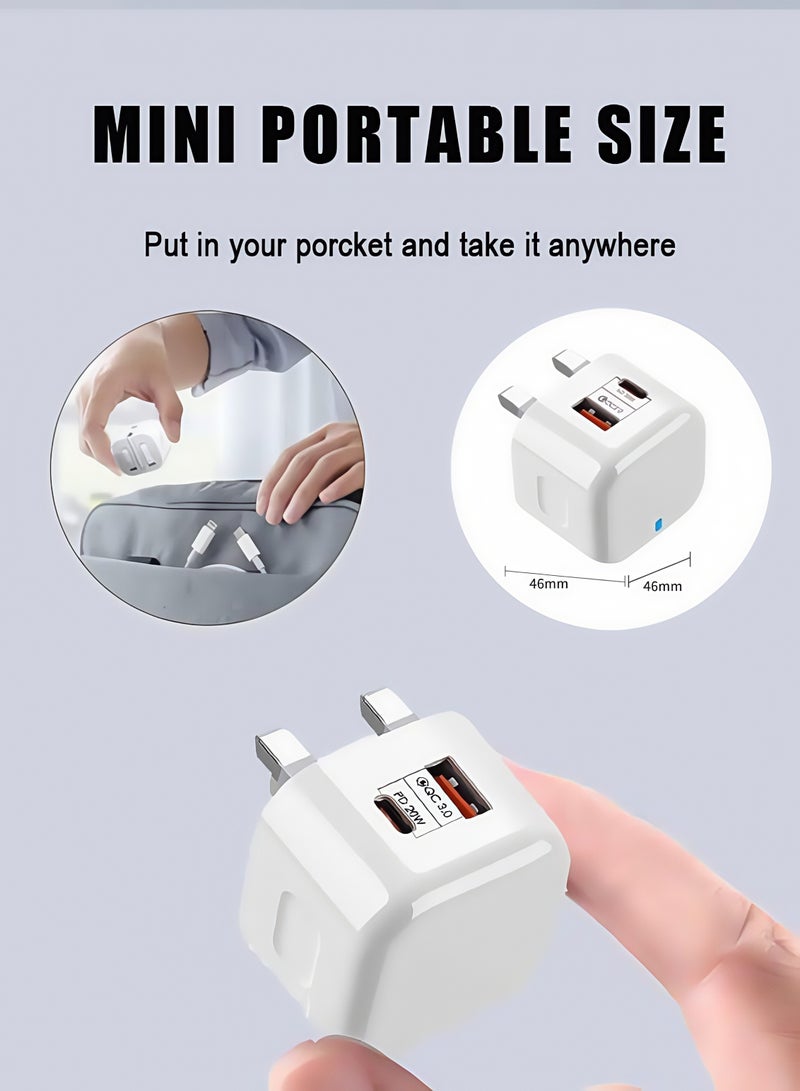 اعاره شاحن سريع نوع سي بقوة 20 واط، شاحن جدار مصغر بمنفذ USB-C ومنفذ QC3.0 USB-A، أبيض — قابس بريطاني متوافق عالميًا لهاتف آيفون 16/15/14/13/12، سامسونج S25/S24، هواوي، آيباد، AirPods والمزيد - Image 3