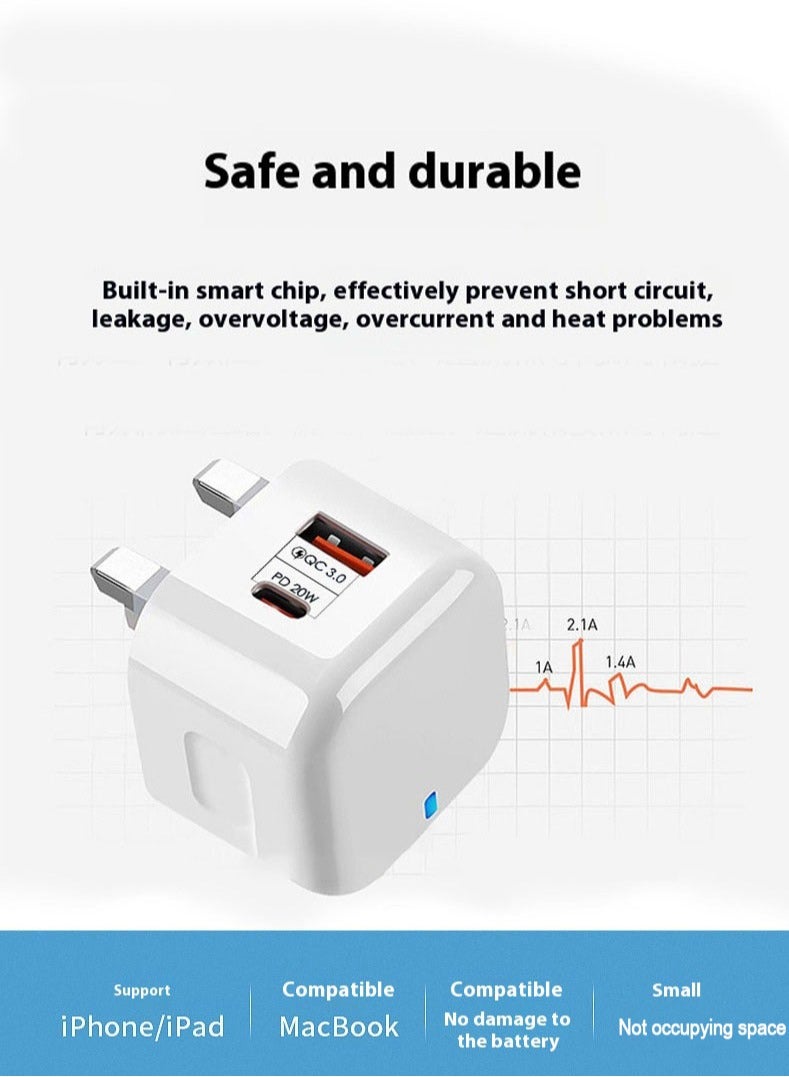 اعاره شاحن سريع نوع سي بقوة 20 واط، شاحن جدار مصغر بمنفذ USB-C ومنفذ QC3.0 USB-A، أبيض — قابس بريطاني متوافق عالميًا لهاتف آيفون 16/15/14/13/12، سامسونج S25/S24، هواوي، آيباد، AirPods والمزيد - Image 5