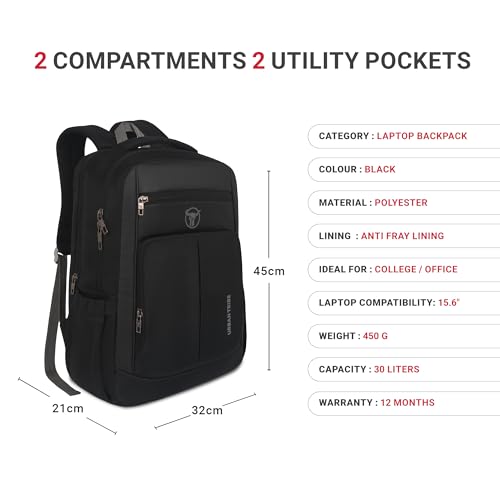 URBAN TRIBE Chrono Laptop Backpack 30L,Lightweight 450g, Fits 15.6 Inch Laptop, Water-Resistant College & Office Bag with Dedicated Laptop Compartment, Organizer Pockets & Key Holder -Black (Black) - Image 3
