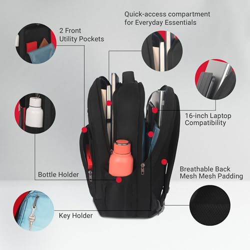 URBAN TRIBE Chrono Laptop Backpack 30L,Lightweight 450g, Fits 15.6 Inch Laptop, Water-Resistant College & Office Bag with Dedicated Laptop Compartment, Organizer Pockets & Key Holder -Black (Black) - Image 5