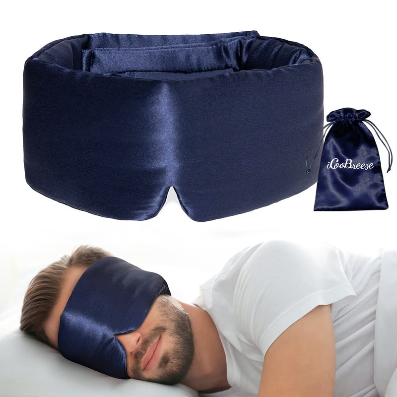 iCooBreeze 100 Natural Silk Eye Mask for Women Men Soft Pressureless Cooling Blackout Eye Covers for Sleeping Large Size Sleep Mask fits All Heads Adjustable 1PC Navy Blue