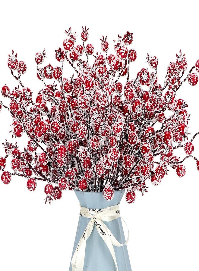 Kunjocy 12 Pack Artificial Red Berry Stems Frosted Holly Berry Picks Christmas Picks Sprays Snowy Berry Twig Branches for Xmas Tree Garland Wreath Craft Supplies Table Centerpiece Home Decorations (Red, 12) - Image 1