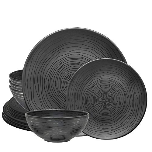 Bzyoo 12 Piece Melamine Dinnerware Set - Durable, Dishwasher Safe Organica Black Plates and Bowls Sets Casual Dish Set for Dining, Outdoor and Kitchen - Image 1