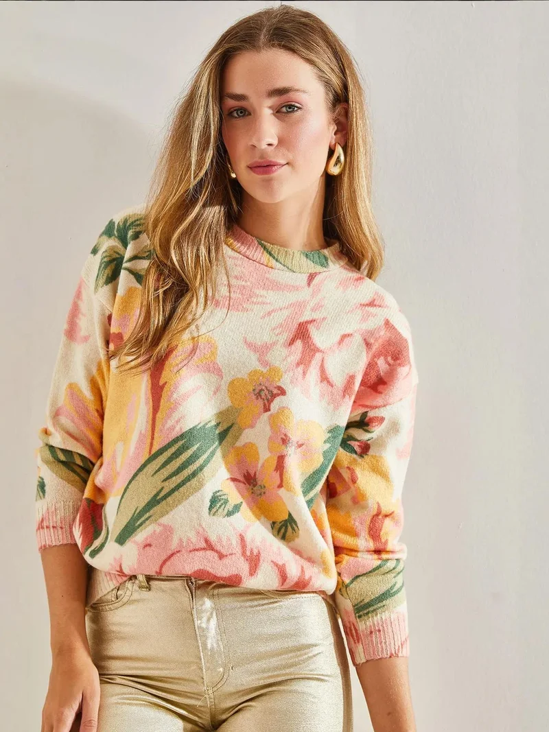 Bianco Lucci LUCCI Pattern Knit Sweater with Crew Neck