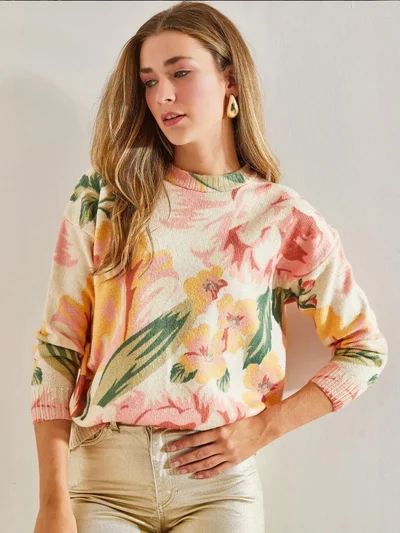 Bianco Lucci LUCCI Pattern Knit Sweater with Crew Neck