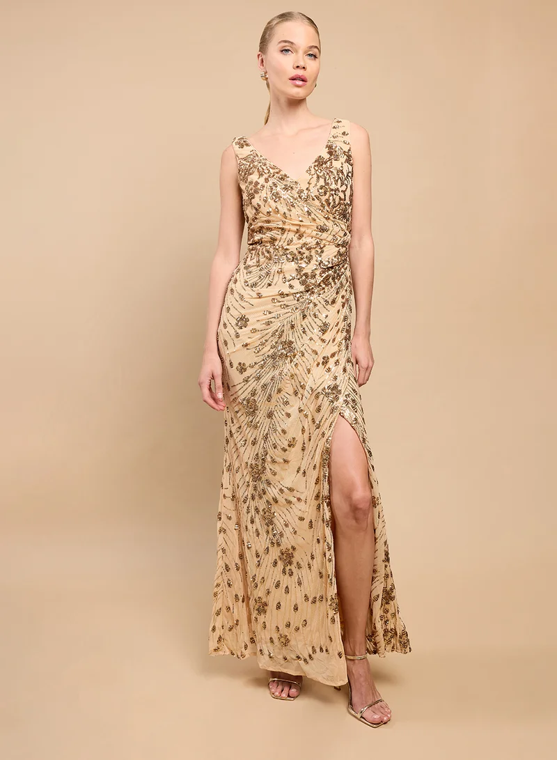 Little Mistress Slink Gathering V Neck Sleeveless Maxi Dress