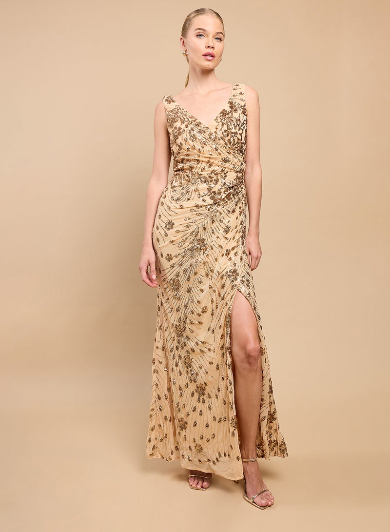 Little Mistress Slink Gathering V Neck Sleeveless Maxi Dress - Image 1