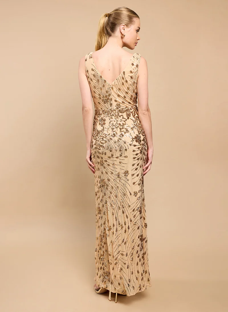 Little Mistress Slink Gathering V Neck Sleeveless Maxi Dress