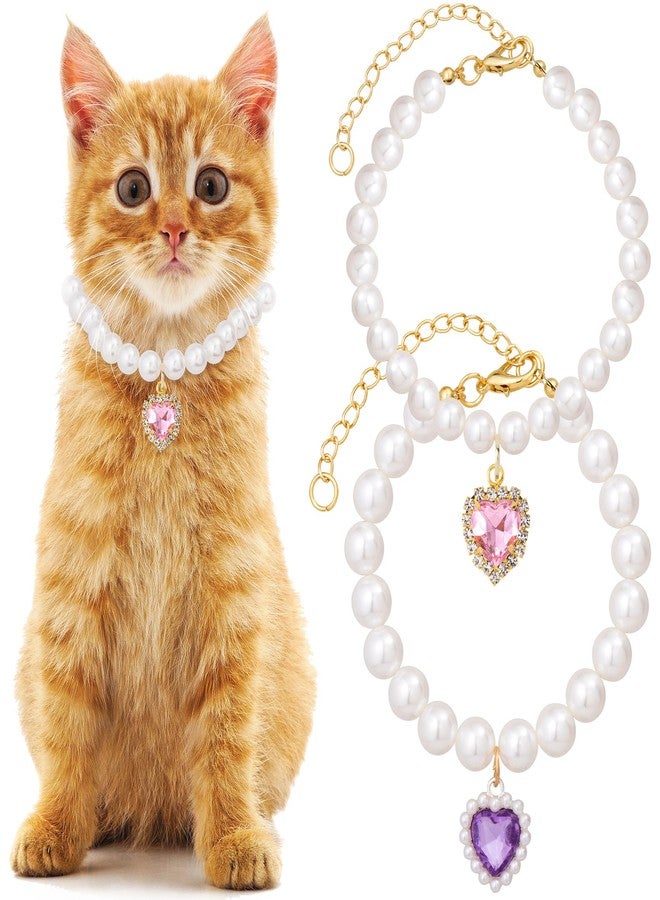 Mxxipp 2pcs Cat Pearl Collar with Heart Pendant, Cute Pearl Pet Necklace in Small, Adjustable Wedding Party Small Dog Jewelry Accessories for Puppy Kitten- Pink & Purple - Image 1