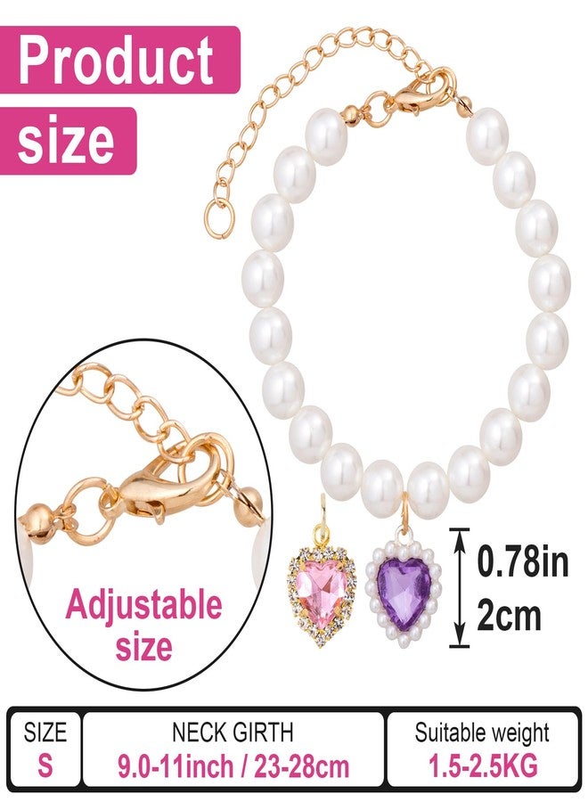 Mxxipp 2pcs Cat Pearl Collar with Heart Pendant, Cute Pearl Pet Necklace in Small, Adjustable Wedding Party Small Dog Jewelry Accessories for Puppy Kitten- Pink & Purple - Image 2