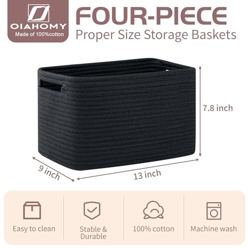 OIAHOMY 4 Pack Storage Baskets for Organizing, Cube Storage Bins for Shelves, Rectangle Storage Baskets With Handles, Woven Baskets for Storage, 12.7''Lx9''Wx7.8''H, Black - Image 2