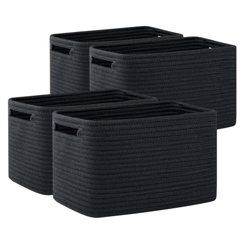 OIAHOMY 4 Pack Storage Baskets for Organizing, Cube Storage Bins for Shelves, Rectangle Storage Baskets With Handles, Woven Baskets for Storage, 12.7''Lx9''Wx7.8''H, Black - Image 1