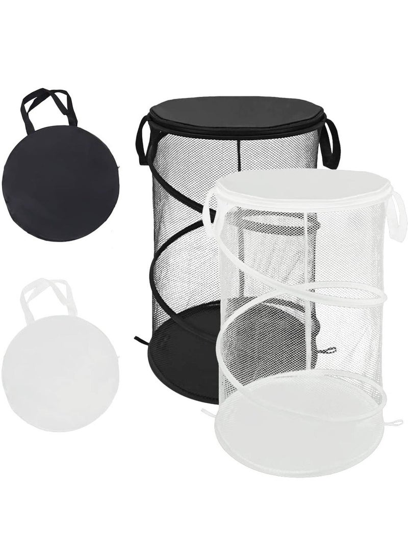 2PCS Collapsible Round Popup Laundry Hamper with Lid Set, Foldable Mesh Basket Reinforced Carry Handles Solid Bottom, Large Double Clothes for College Dorm Travel - Image 1