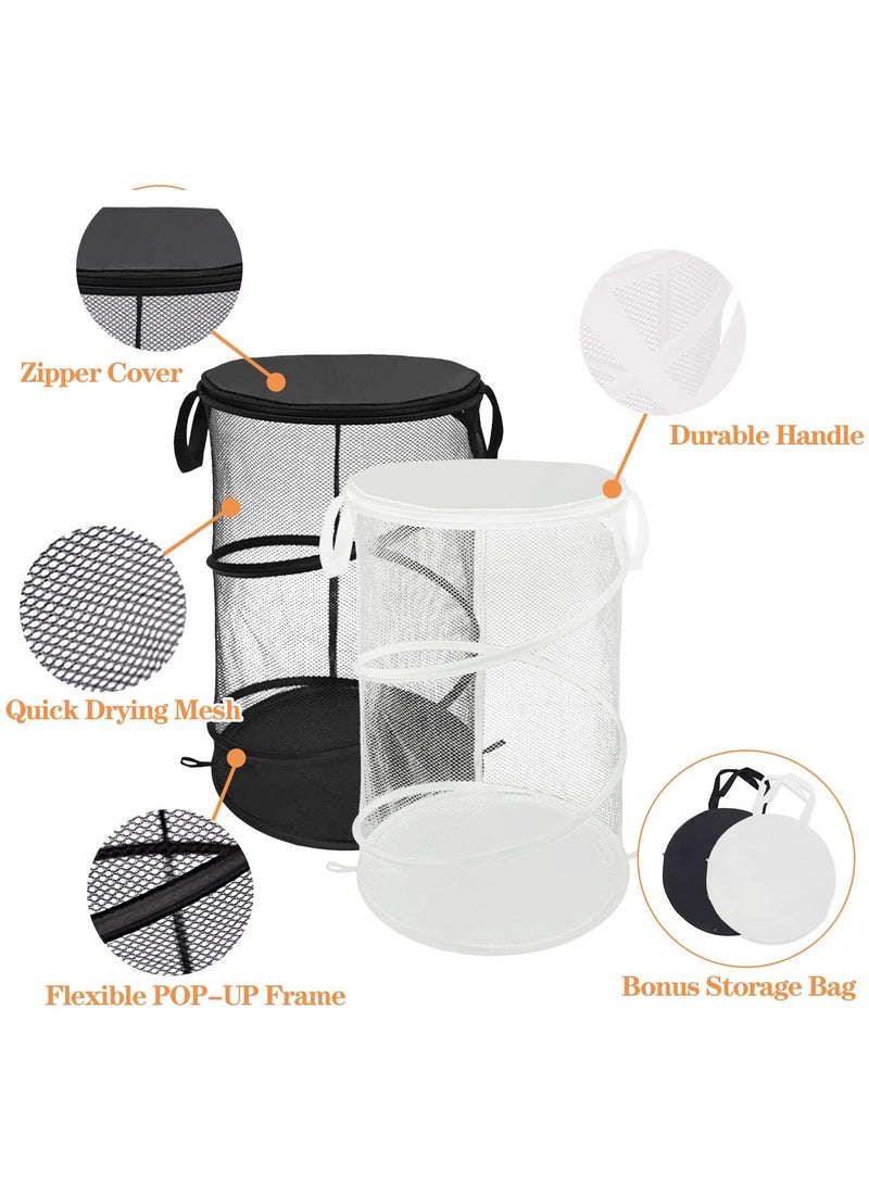 2PCS Collapsible Round Popup Laundry Hamper with Lid Set, Foldable Mesh Basket Reinforced Carry Handles Solid Bottom, Large Double Clothes for College Dorm Travel - Image 2
