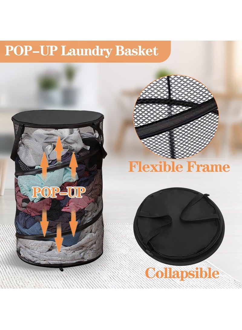 2PCS Collapsible Round Popup Laundry Hamper with Lid Set, Foldable Mesh Basket Reinforced Carry Handles Solid Bottom, Large Double Clothes for College Dorm Travel - Image 5
