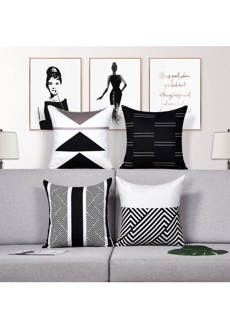 Set of 4 Modern Geometric Throw Pillow Covers, 18 × 18 Inches, Black and White Cushion Cases for Bed, Couch, Sofa, and Office Decor. Perfect for Stylish Home Accents. - Image 2